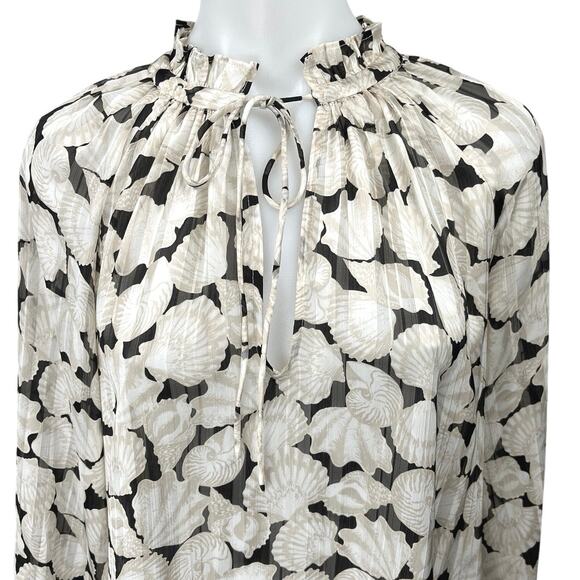 NEW H&M Beige Black Sea Shells Long Sleeve Mock Ruffle Keyhole Blouse Top Size M - Picture 3 of 5